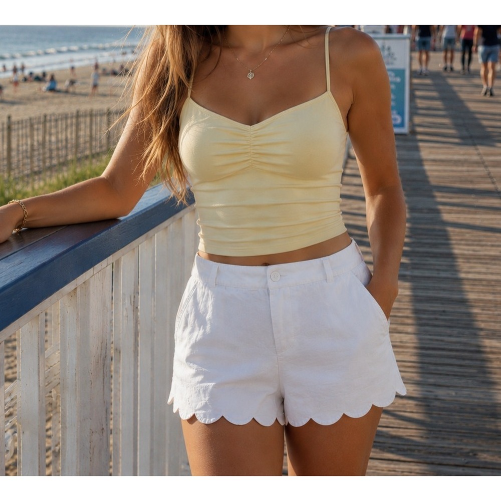 J.Crew Womens White Linen Scalloped Hem Shorts Size 14 Coastal Preppy Summer